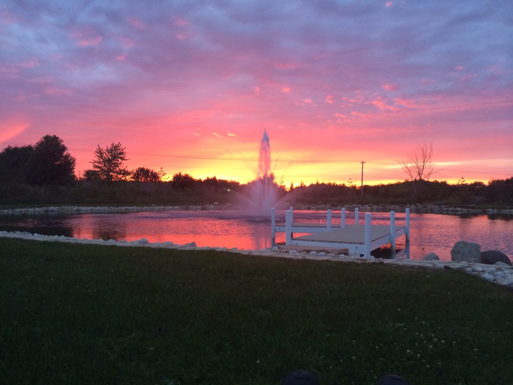 Backyard swim pond sunset with fountain and dock