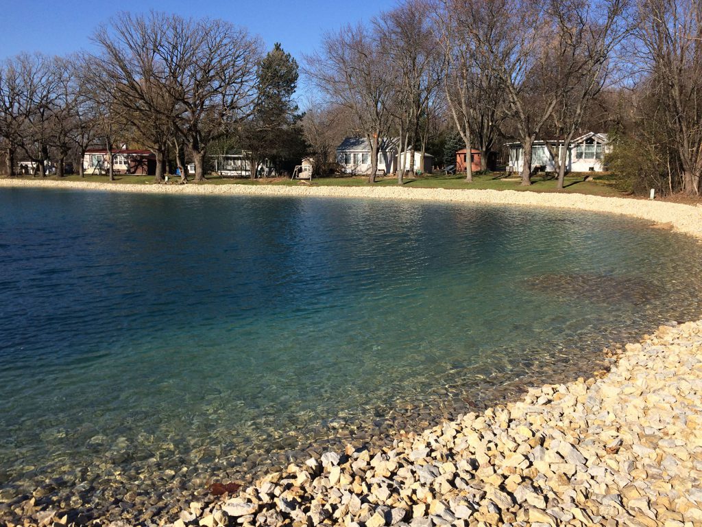 stone riprap, pond