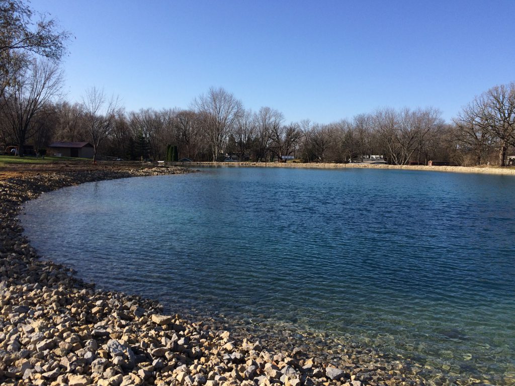 stone riprap, pond